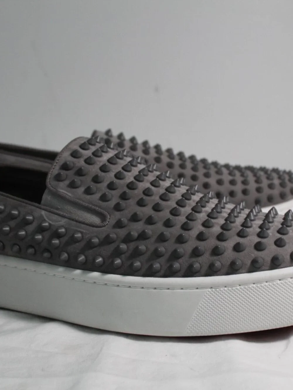 NEW Christian Louboutin Spikeboat Slip On Sneakers Grey Boat Shoes Mens 48